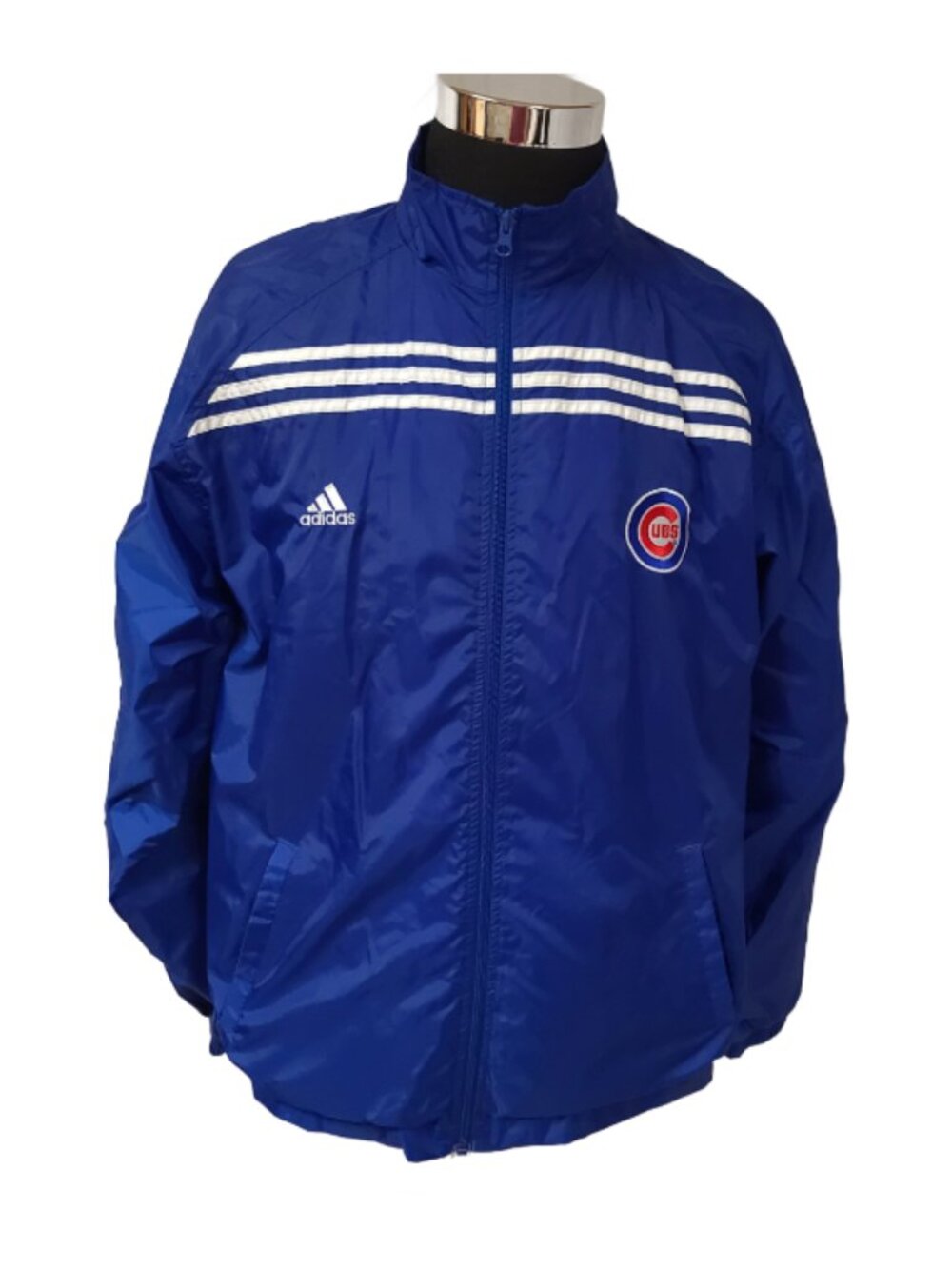 Vtg Adidas Chicago Cubs Men Large Blue Three Stripes Full Zip Windbreaker Jacket
